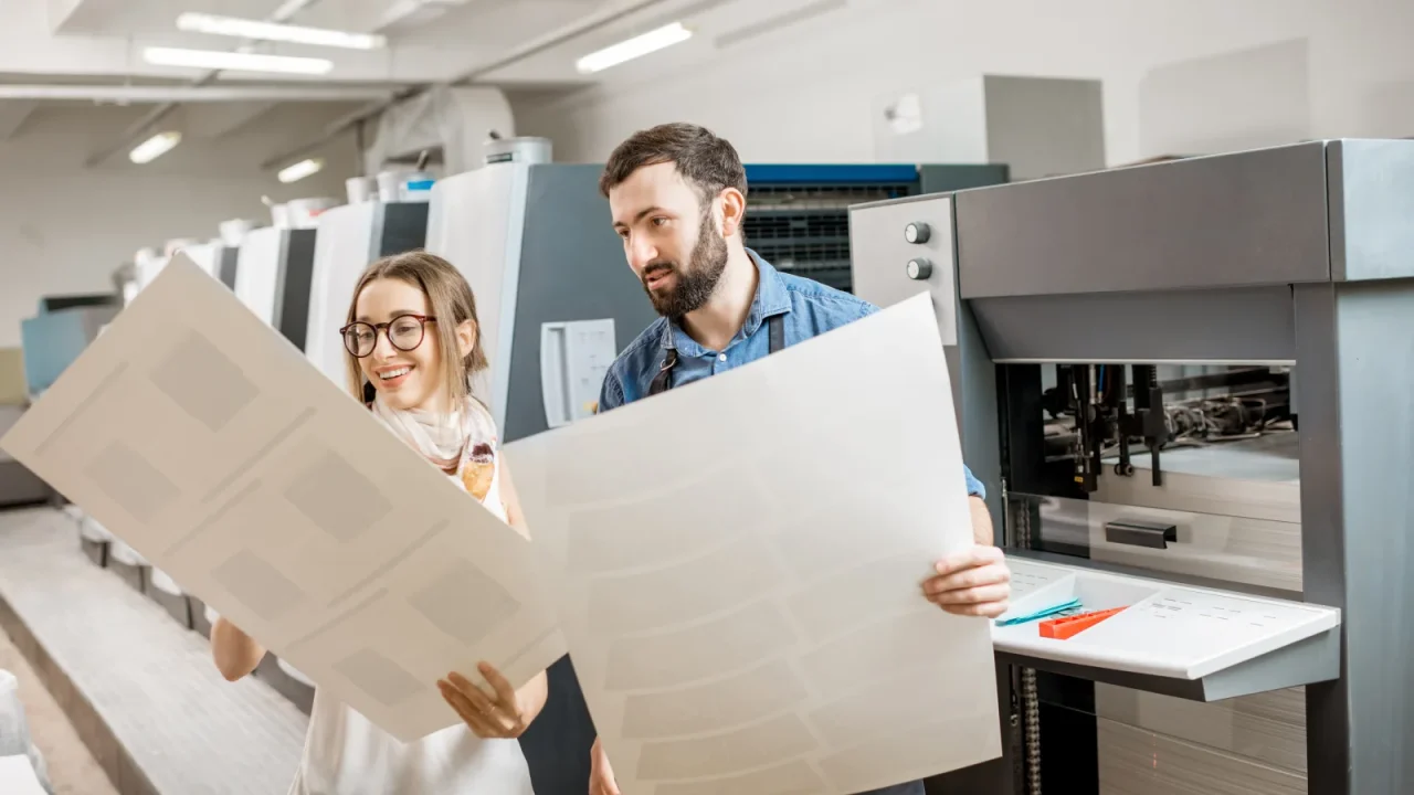 Imprimeurs contrôlant de grandes feuilles imprimées à la sortie de la presse